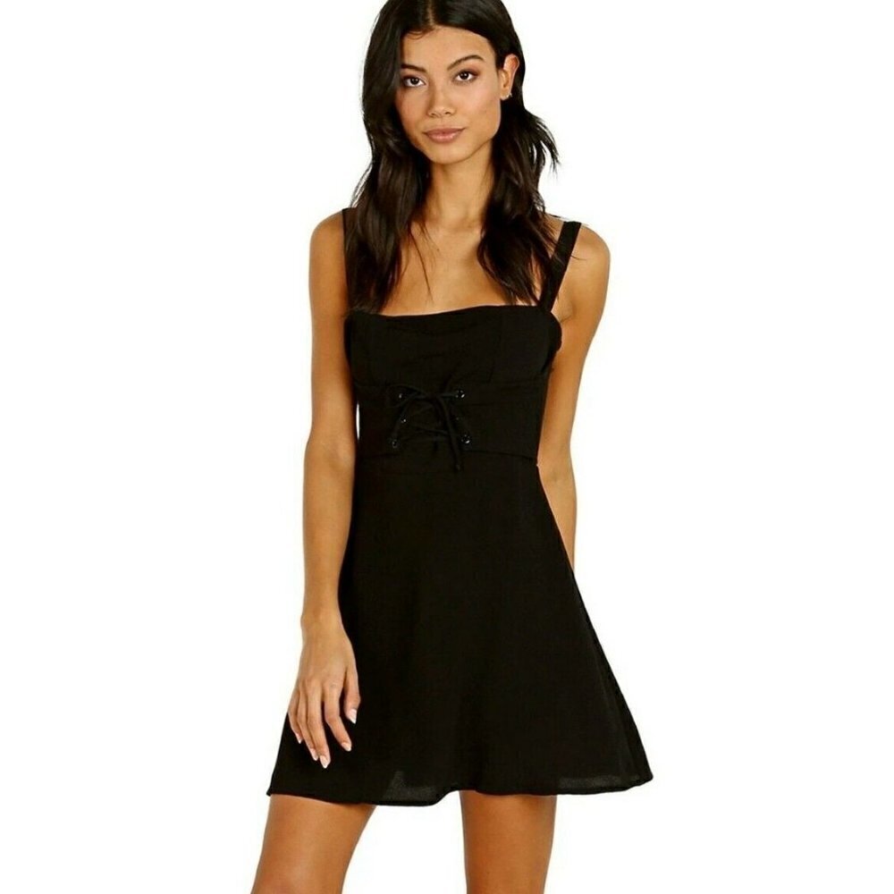 New Flynn Skye Mischa Mini Corset Dress Womens M Black Rayon Fit Flare